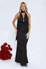 VIP Energy Satin Scarf Halter Maxi Dress Black