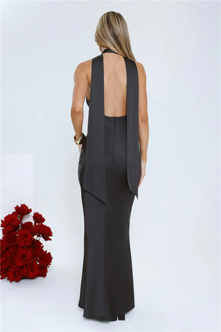 VIP Energy Satin Scarf Halter Maxi Dress Black