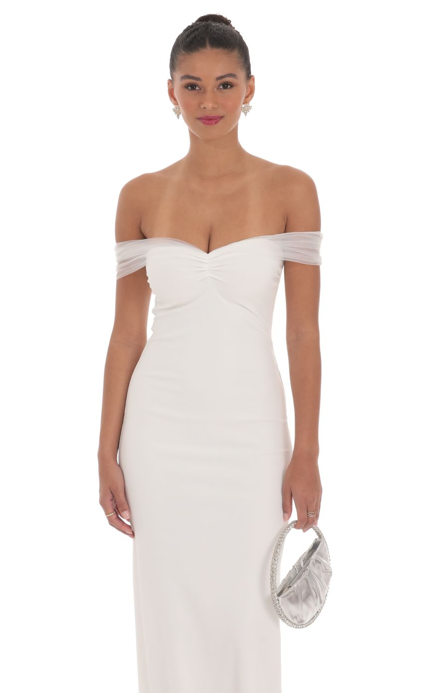 Tulle Off Shoulder Sleeve Maxi Dress in White