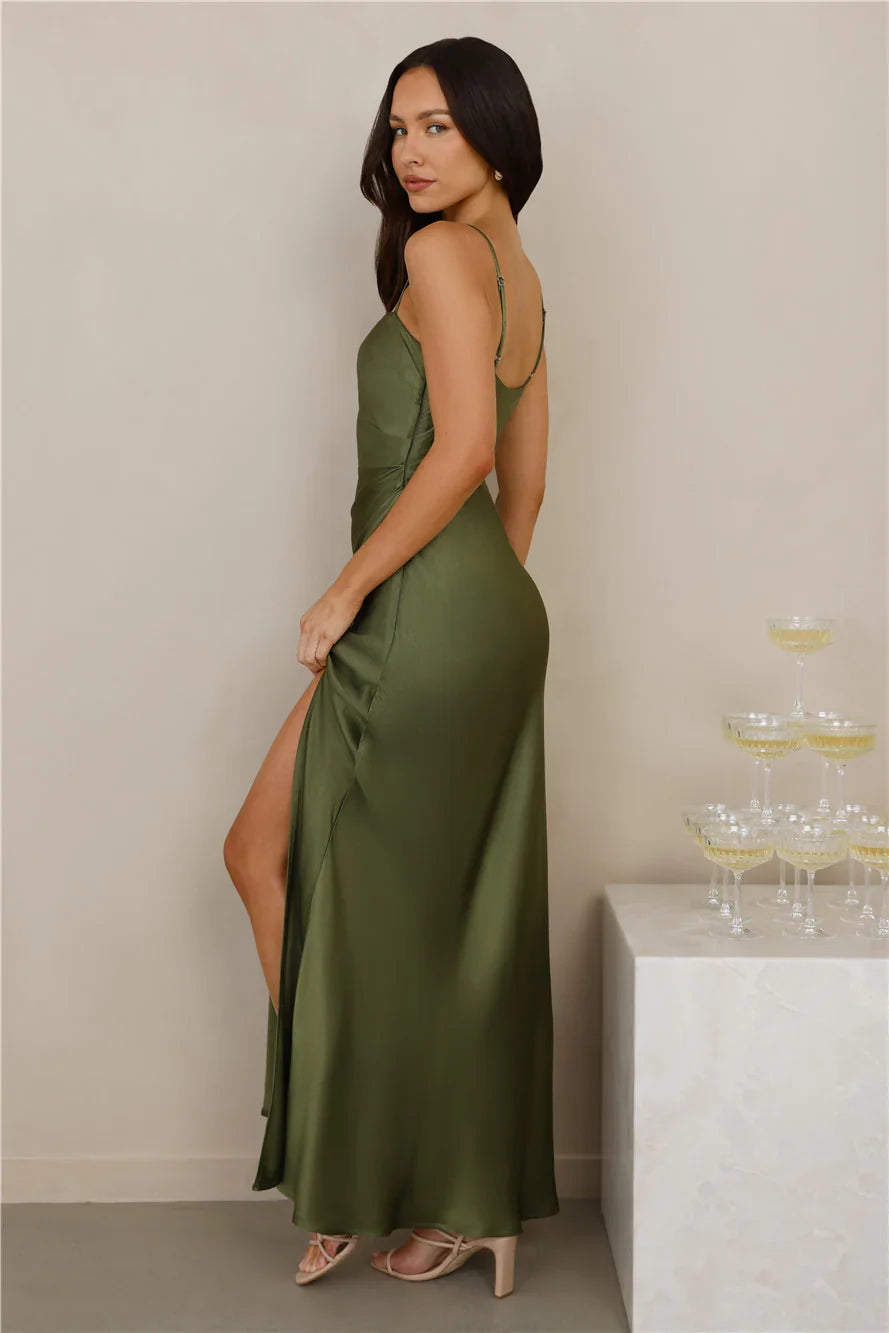 The Violetta Satin Maxi Dress Olive