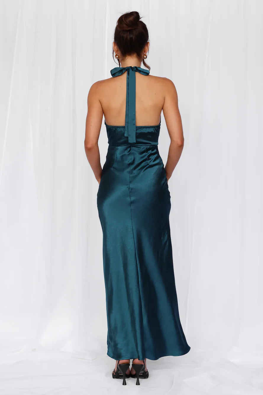 The Adeline Halter Satin Maxi Dress Teal