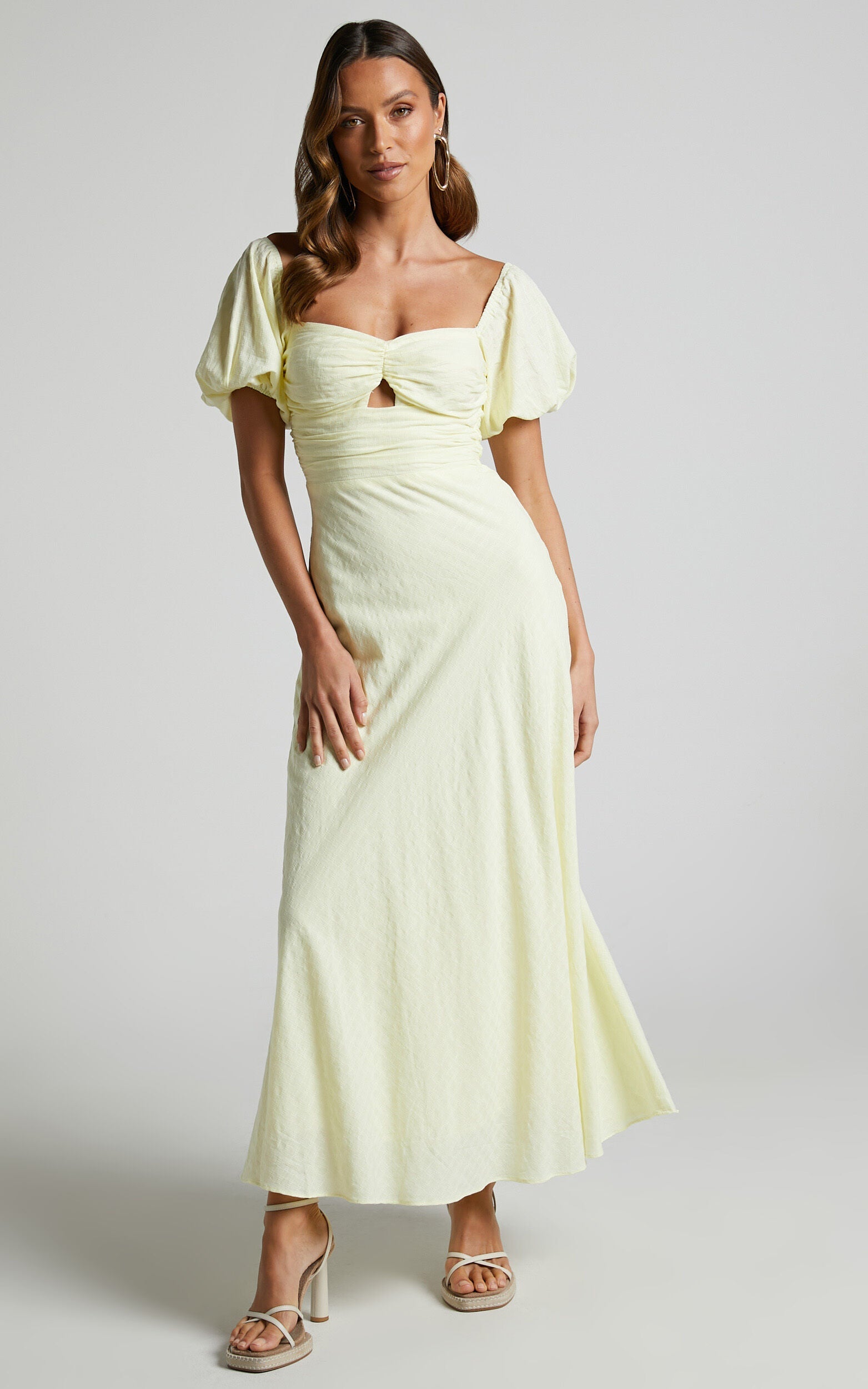 Vynna Midi Dress - Scoop Neck Puff Sleeve Ruched Bust A Line Dress in Butter Yellow