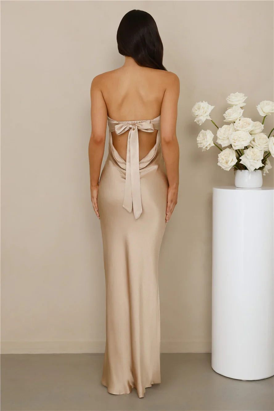 The Felicity Strapless Satin Maxi Dress Champagne