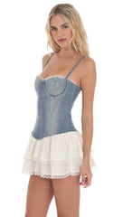 Two Toned Denim Ruffle Dress in Blue and White