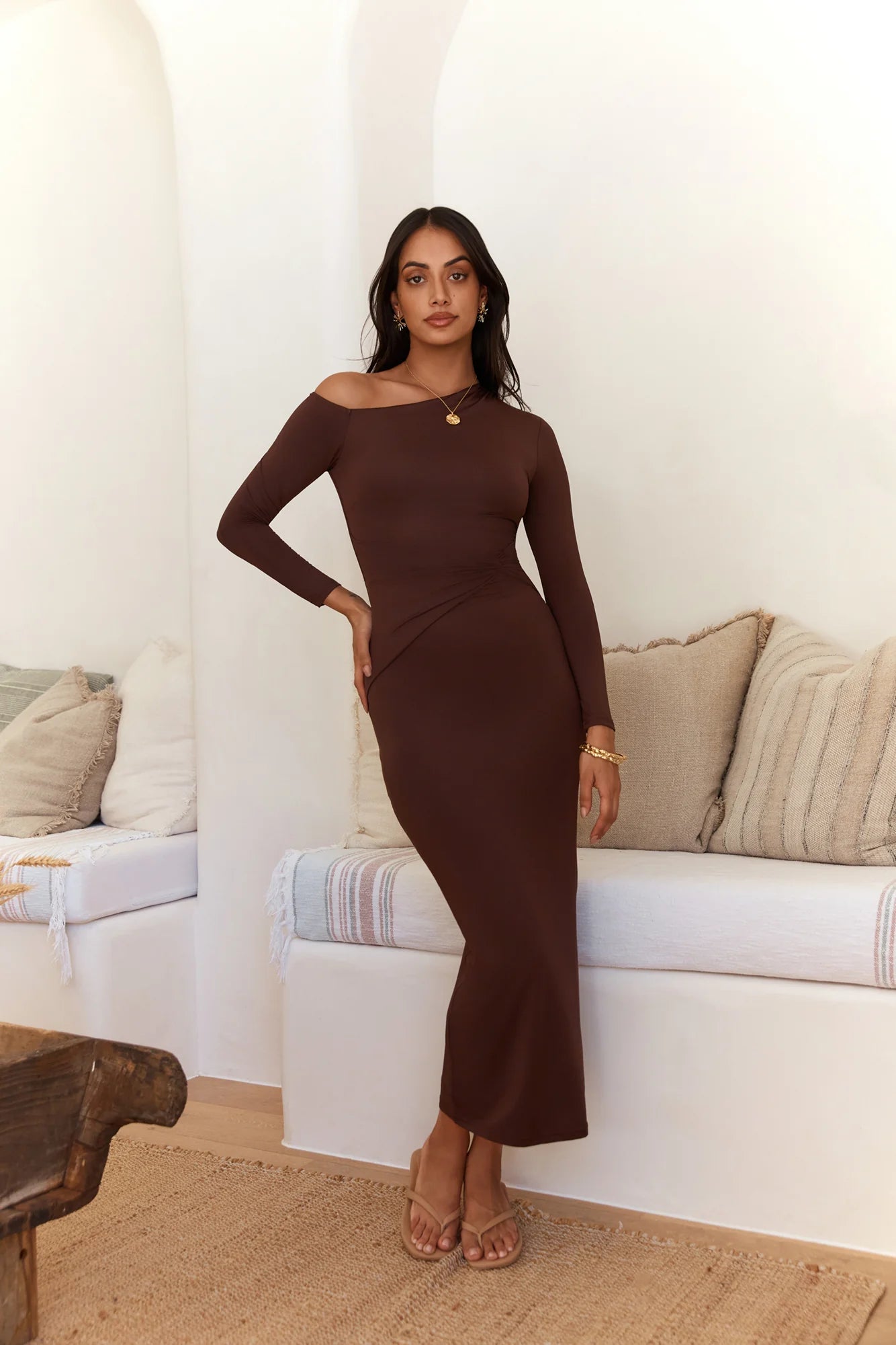 Winter Goddess Off Shoulder Long Sleeve Maxi Dress Brown