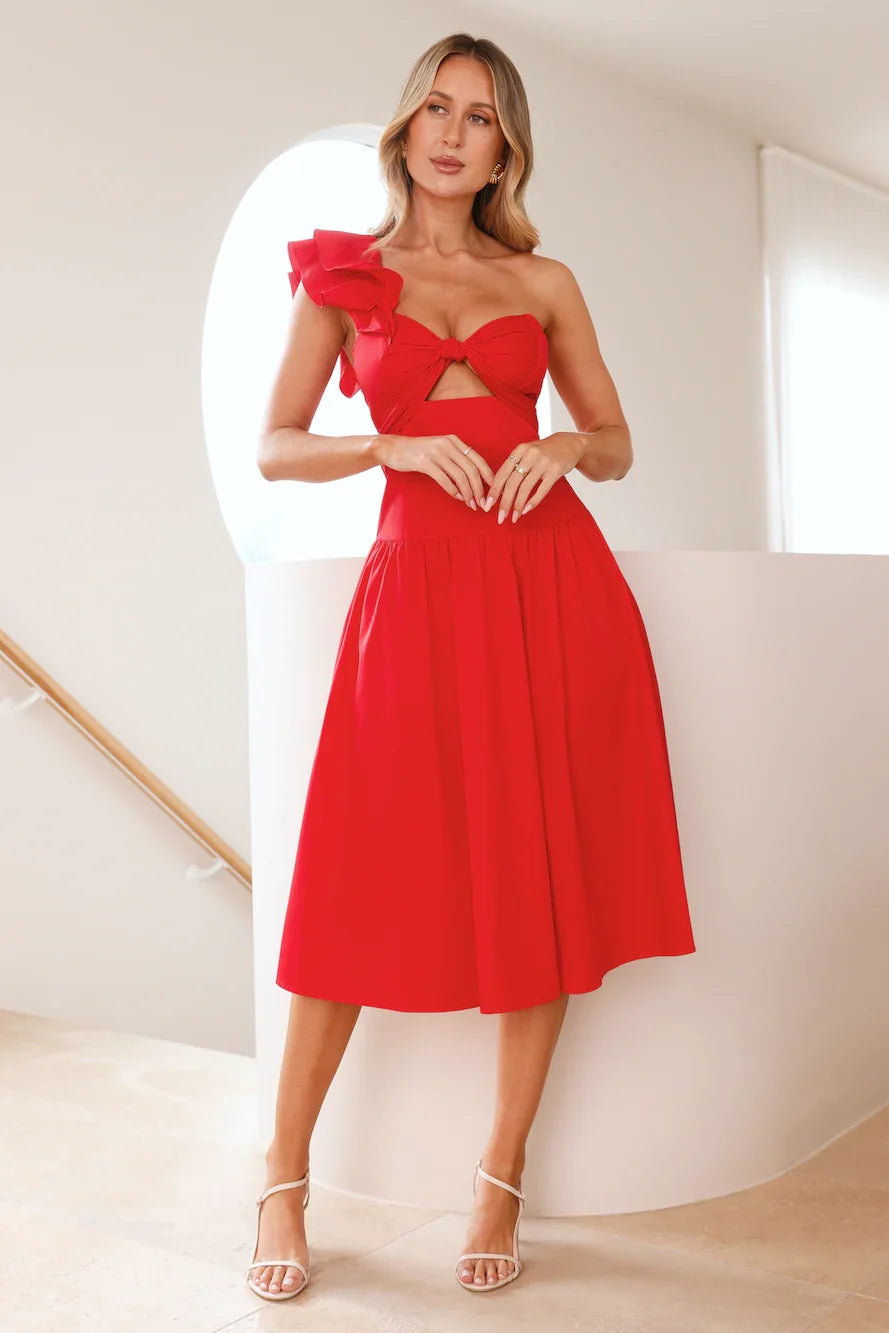 Vibrant Rendezvous One Shoulder Midi Dress Red